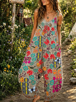 Women’sVintage Floral Bird Print Spaghetti Strap Boho Harem Jumpsuit With Pockets