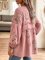 Women's Vintage Elegant Textured Crinkle Ruffle Babydoll Tunic Blouse