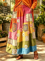 Women's Patchwork Daisy Peace Patch Print Maxi Skirt