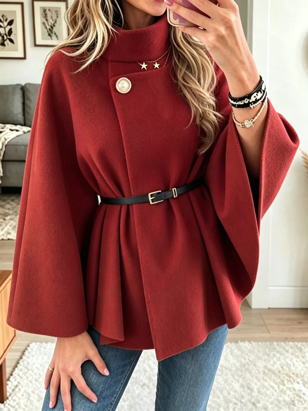 Women's Belted Funnel Neck Cape Coat