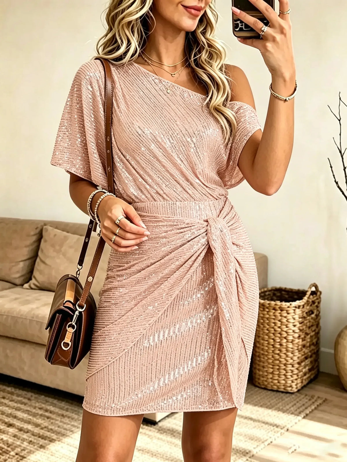 Women's One-Shoulder Draped Sequin Mini Dress