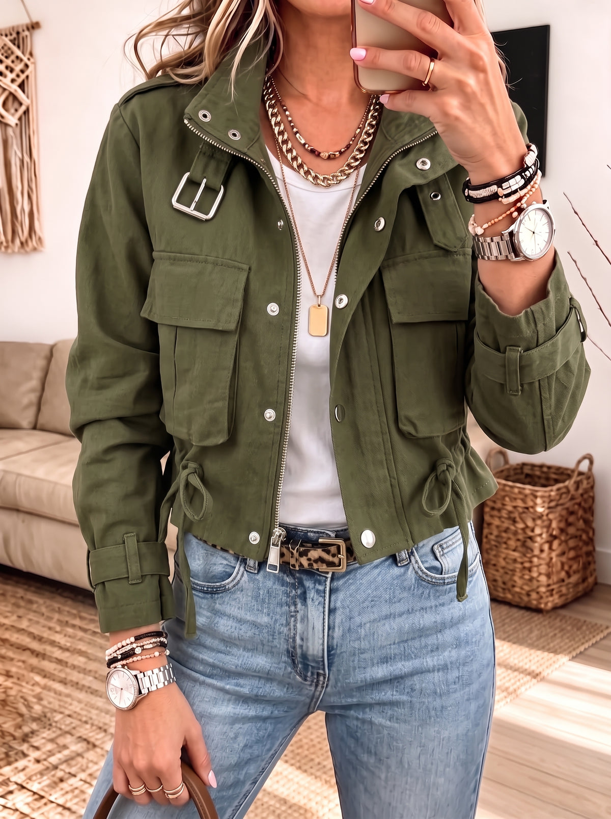 Cropped Utility Cargo Jacket Zip‑Up Drawstring Waist Military Field Coat