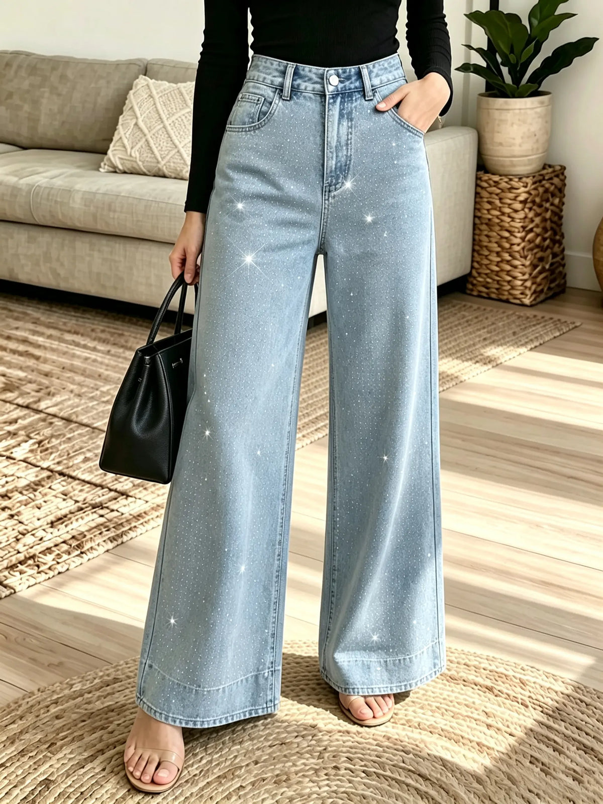 Women's Rhinestone Embellished Wide-Leg Jeans