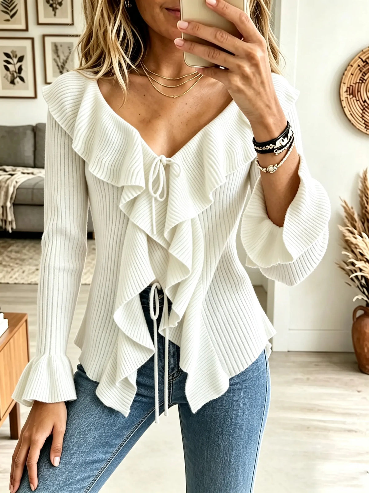 Women's Ruffled Tie-Front Ribbed Knit Cardigan