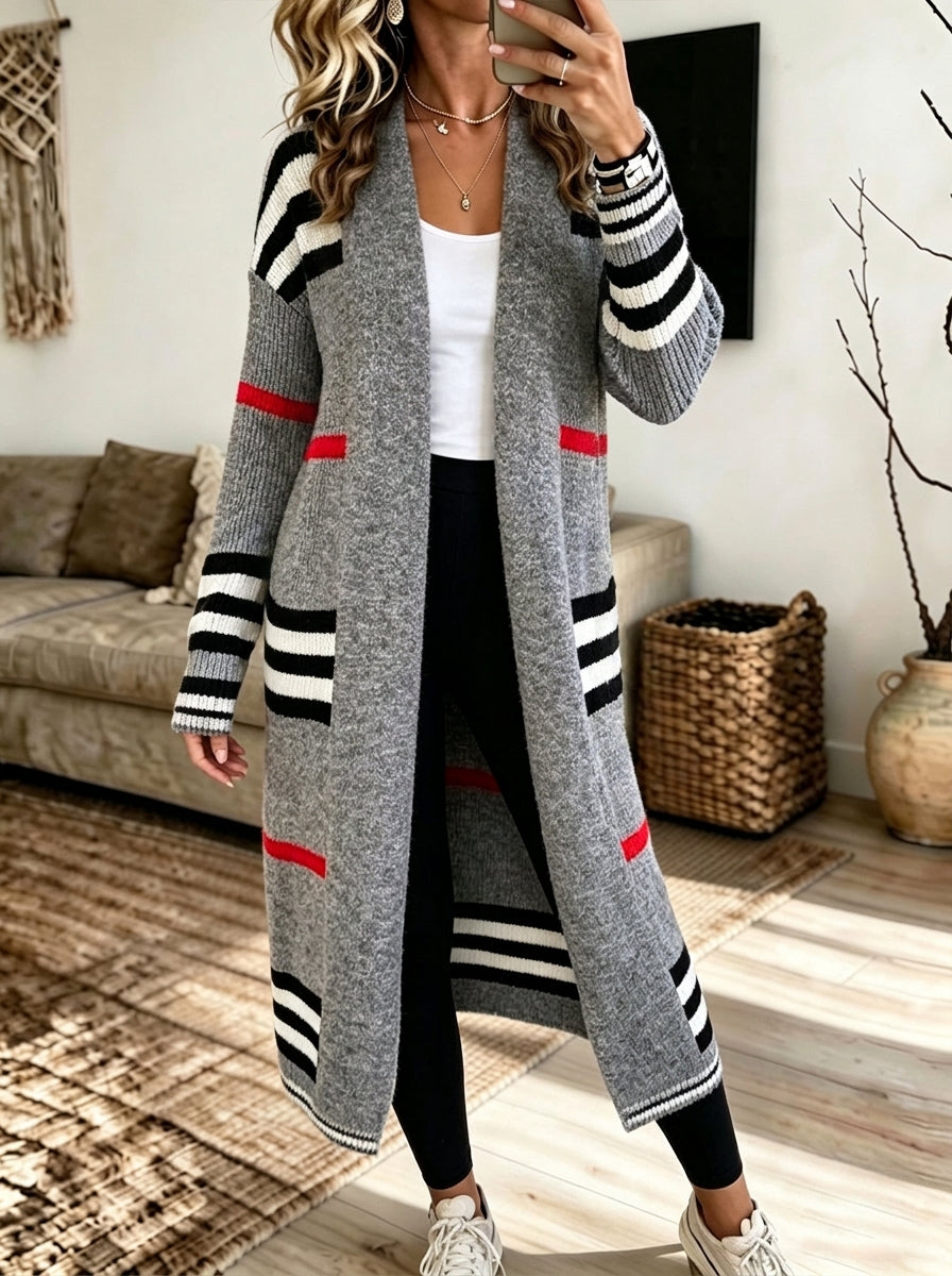 Color Block Striped Long Open Knit Cardigan, Women Loose Fall Sweater Coat