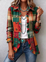 Retro Plaid Pattern Art Print Ruffle Casual Stylish Cotton Lapel Coat