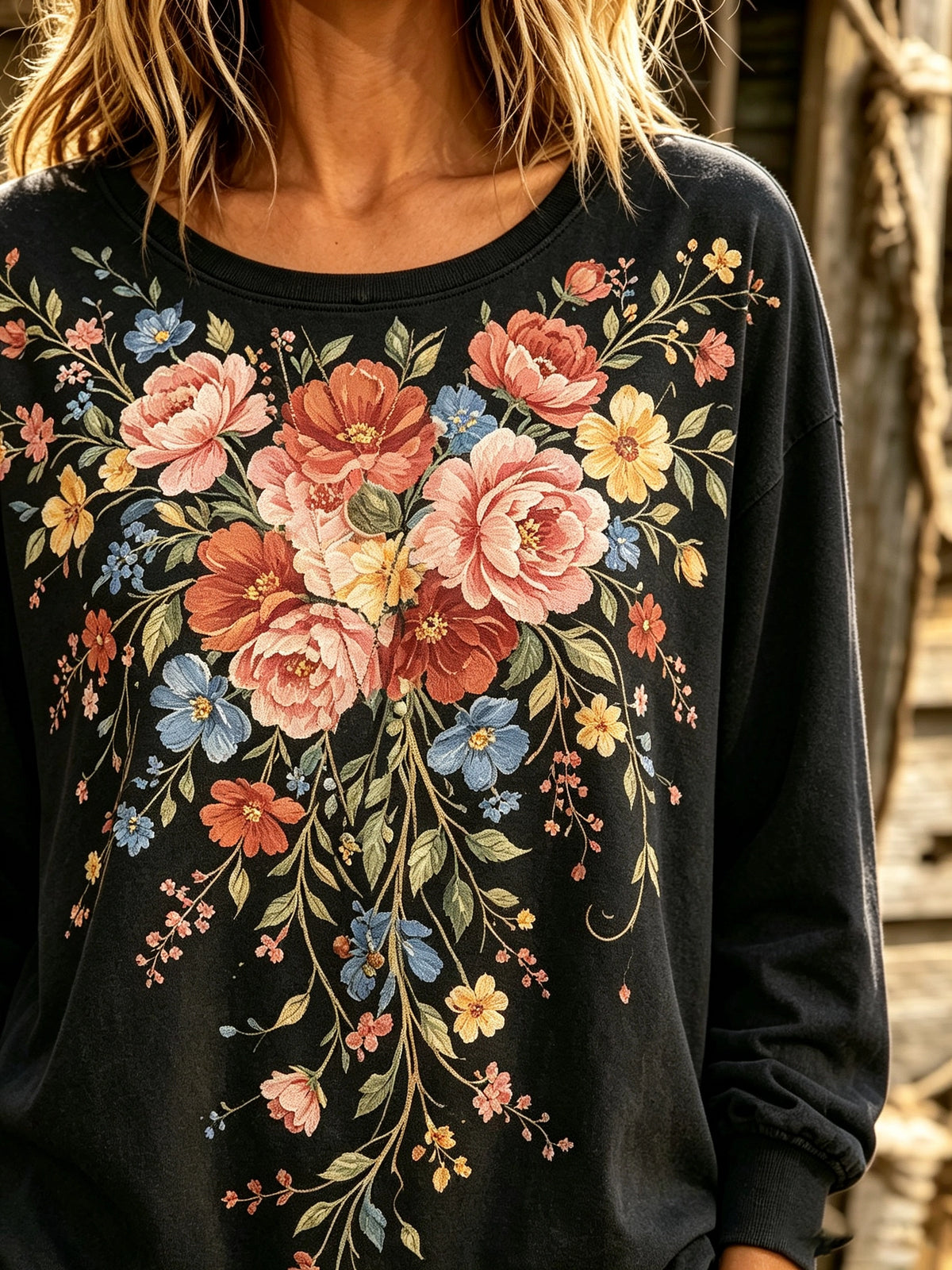 Women's Vintage Floral Bouquet Print Long Sleeve Top