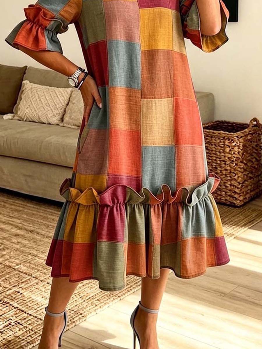 Retro Plaid Pattern Art Print Casual Ruffle Stylish Cotton Linen Dress