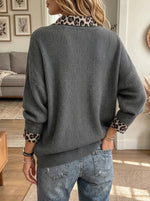 Women's Leopard Collar Layered Ribbed Knit Sweater