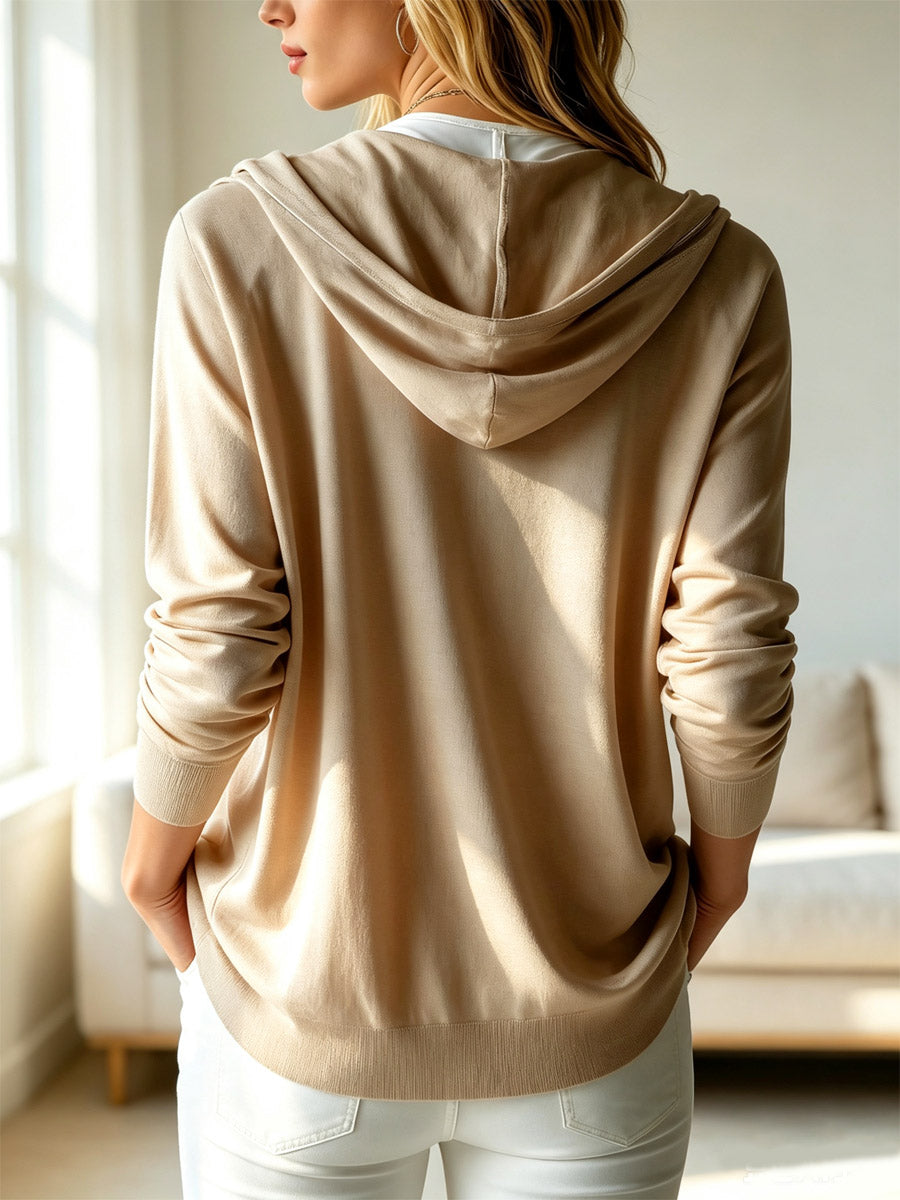 Women's Solid Color Art Casual Hooded Long Sleeve Button Knit Cardigan