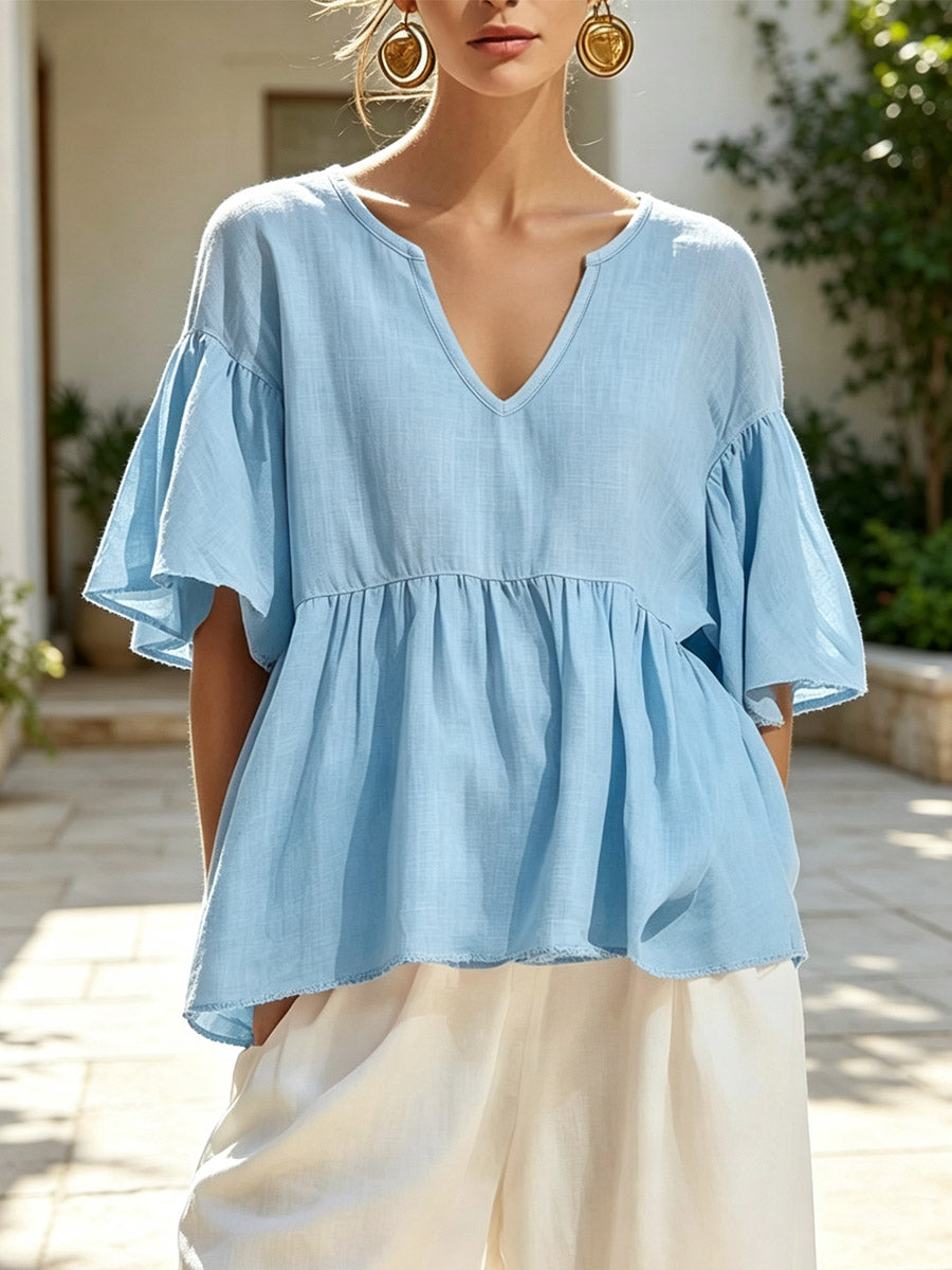 Women's Solid Color Ruffle Art Stylish Short Sleeve Cotton Linen Shirt