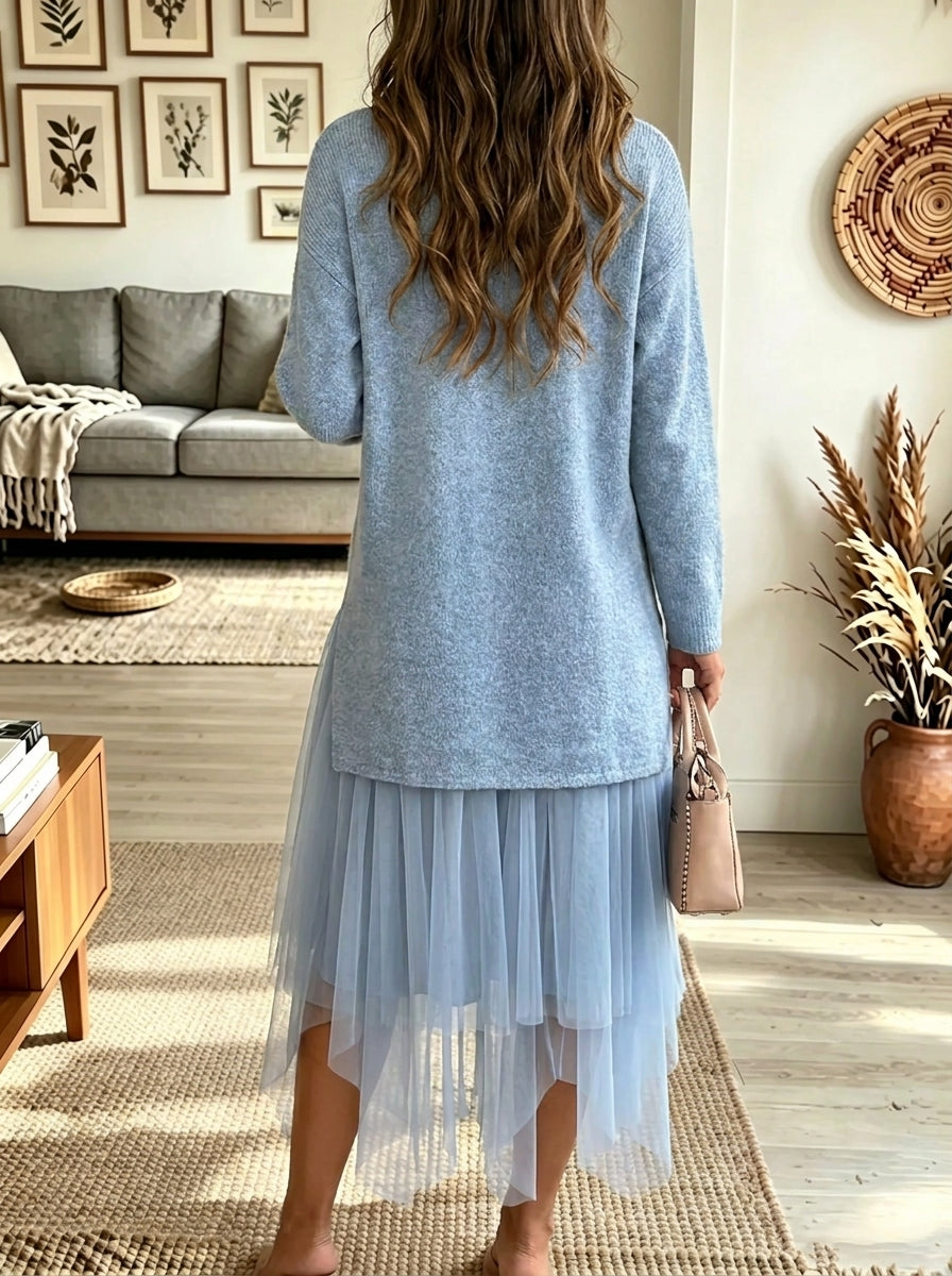 Women's Mock Neck Asymmetrical Tulle Hem Sweater Dress