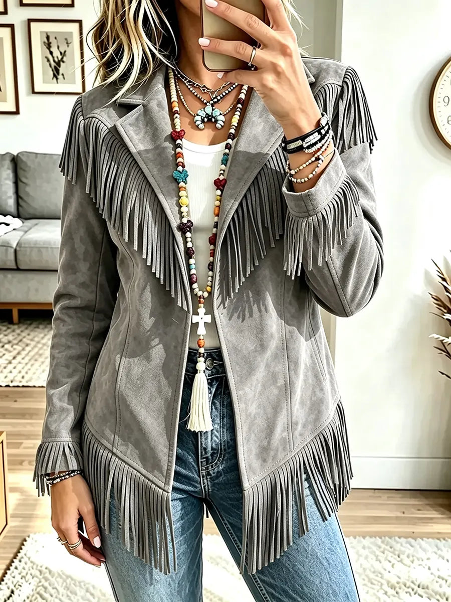 Women Collared Fringe Jacket