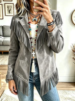 Women Collared Fringe Jacket