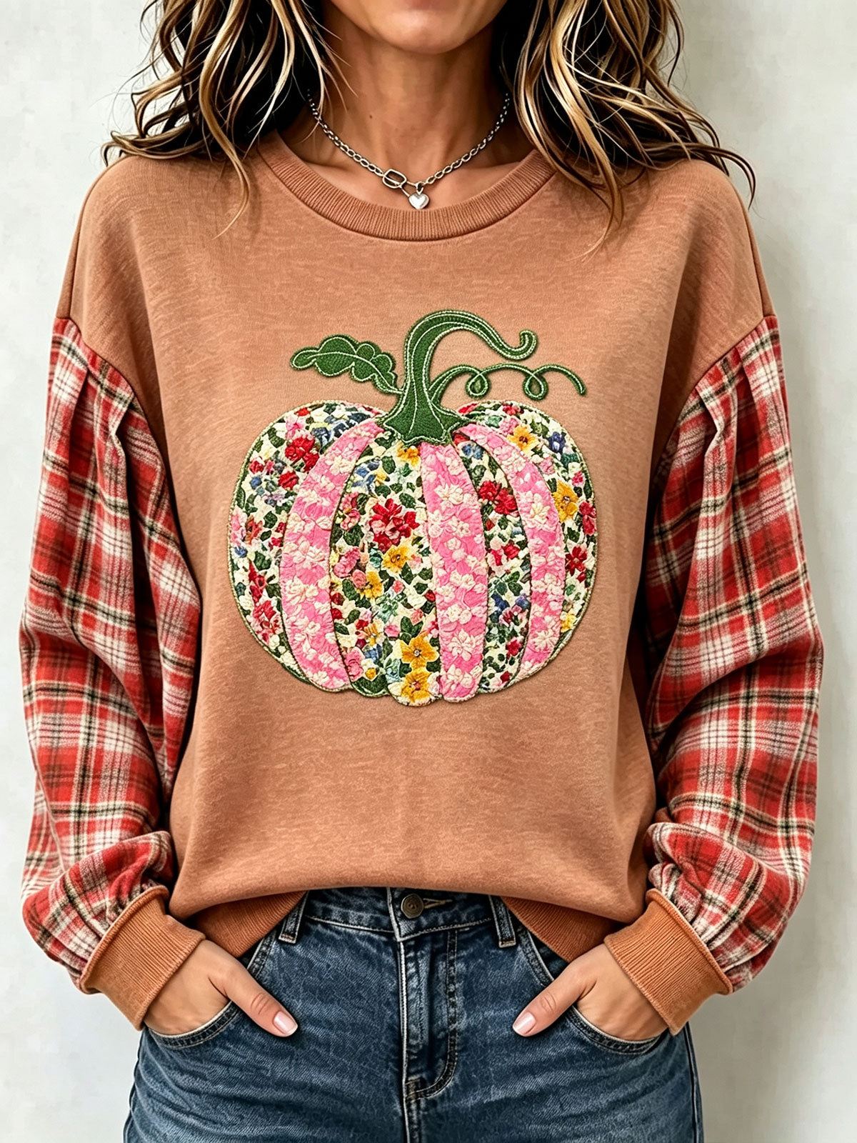 Women Floral Patchwork Pumpkin Plaid Splice Crewneck Fall Sweatshirt