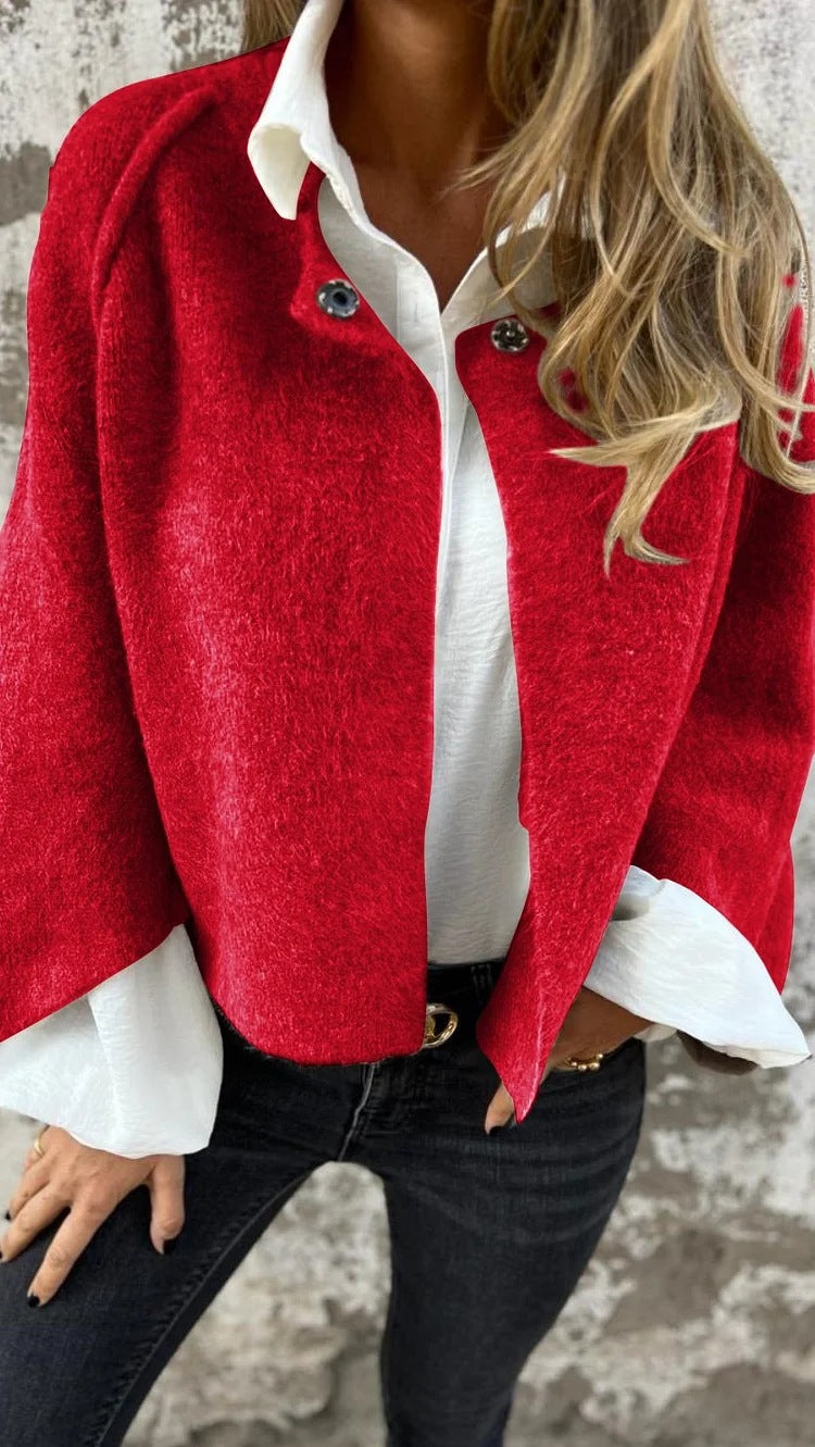 Stand Collar Snap Button Cropped Wool Blend Jacket Casual Short Coat