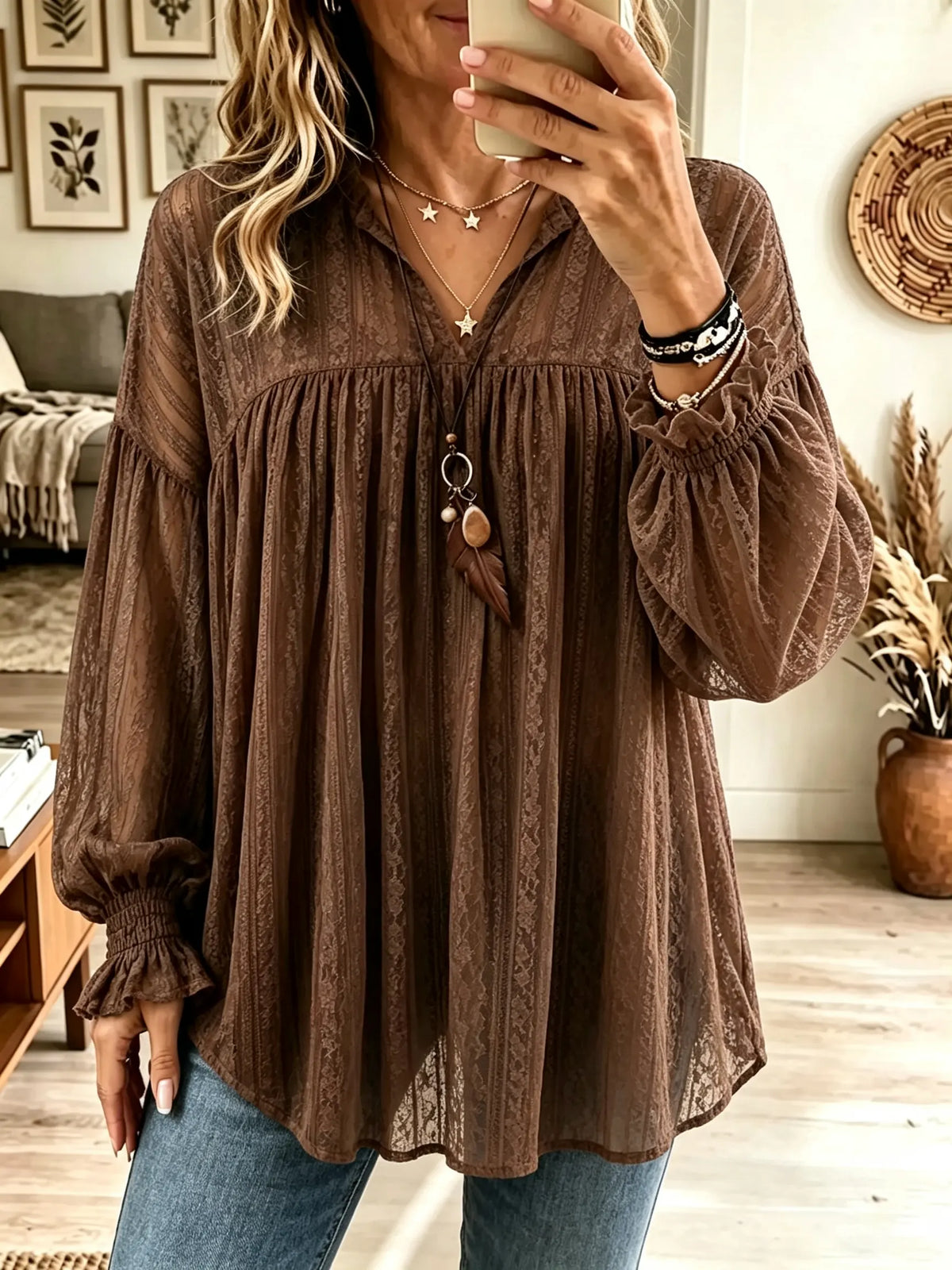 Women's Babydoll Eyelash Lace Henley Tunic Top