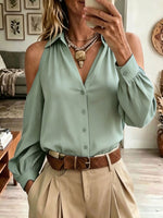 Collared Cold‑Shoulder Button Down Blouse Long Puff Sleeve V‑Neck Shirt