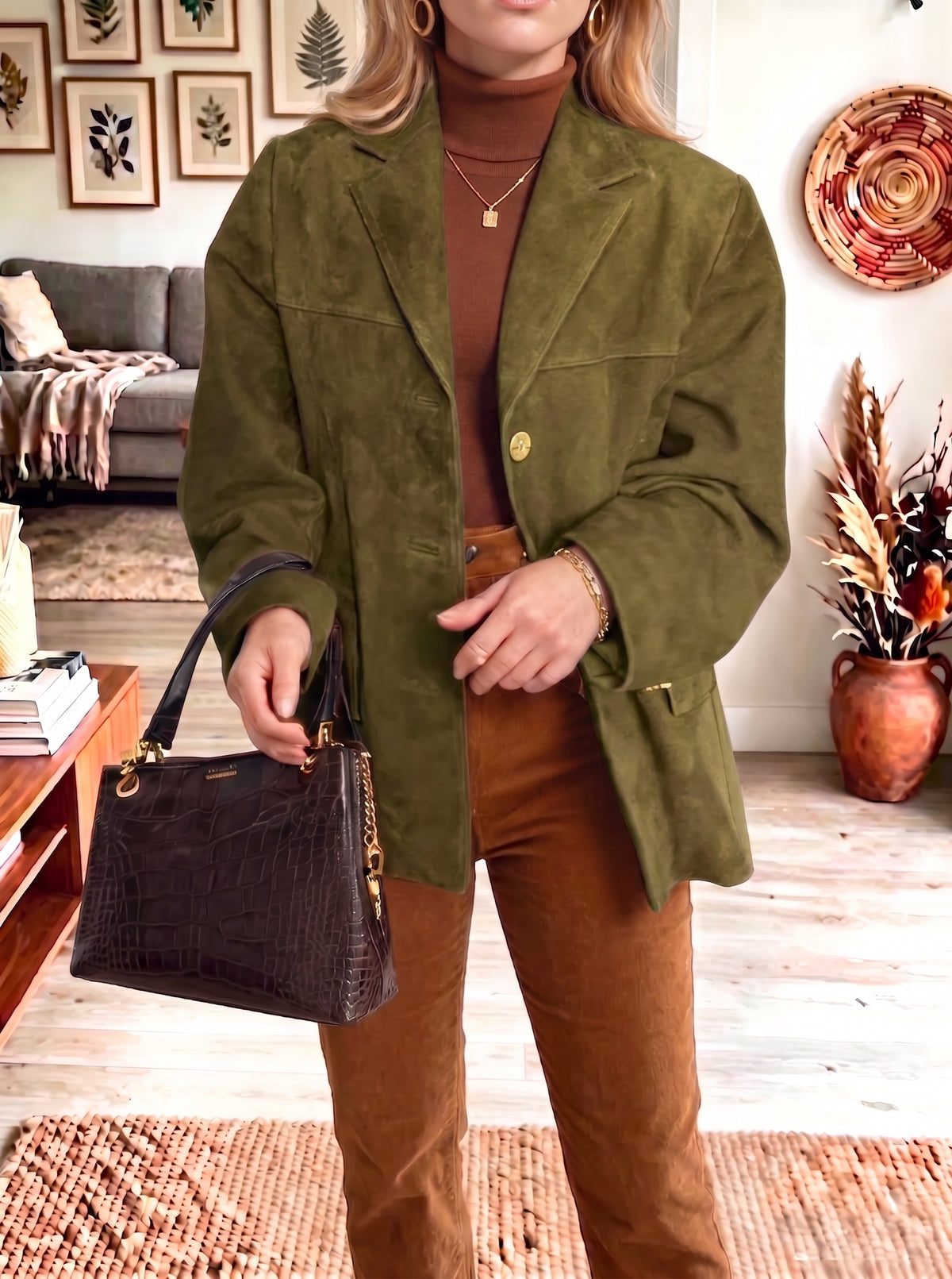 Vintage Suede Lapel Single‑Breasted Blazer Jacket Women Casual Coat