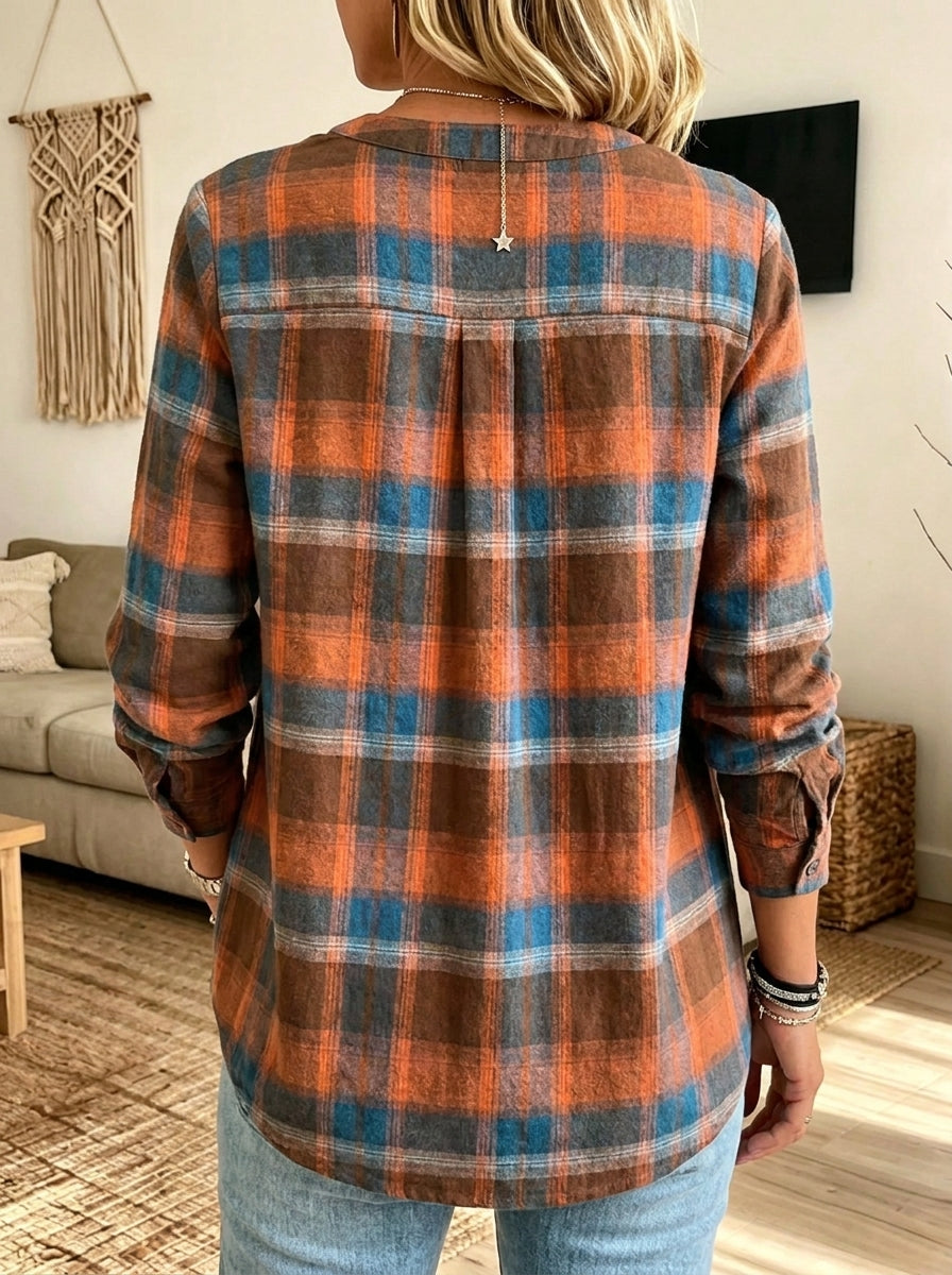Women's Henley V‑Neck Pleated Plaid Long Sleeve Blouse