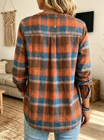 Women's Henley V‑Neck Pleated Plaid Long Sleeve Blouse