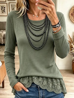 Women's Lace Trim High-Low Long-Sleeve Top