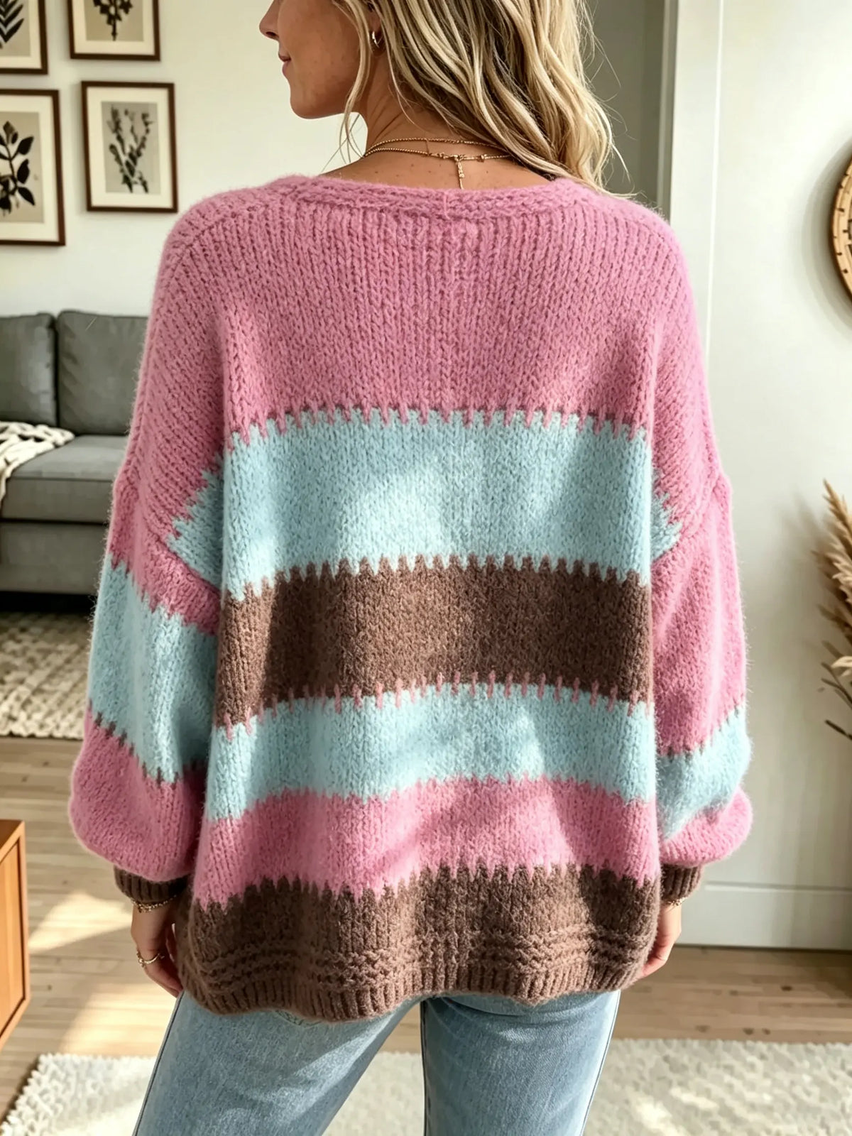 Women's Color-Block Chunky Open-Front Cardigan