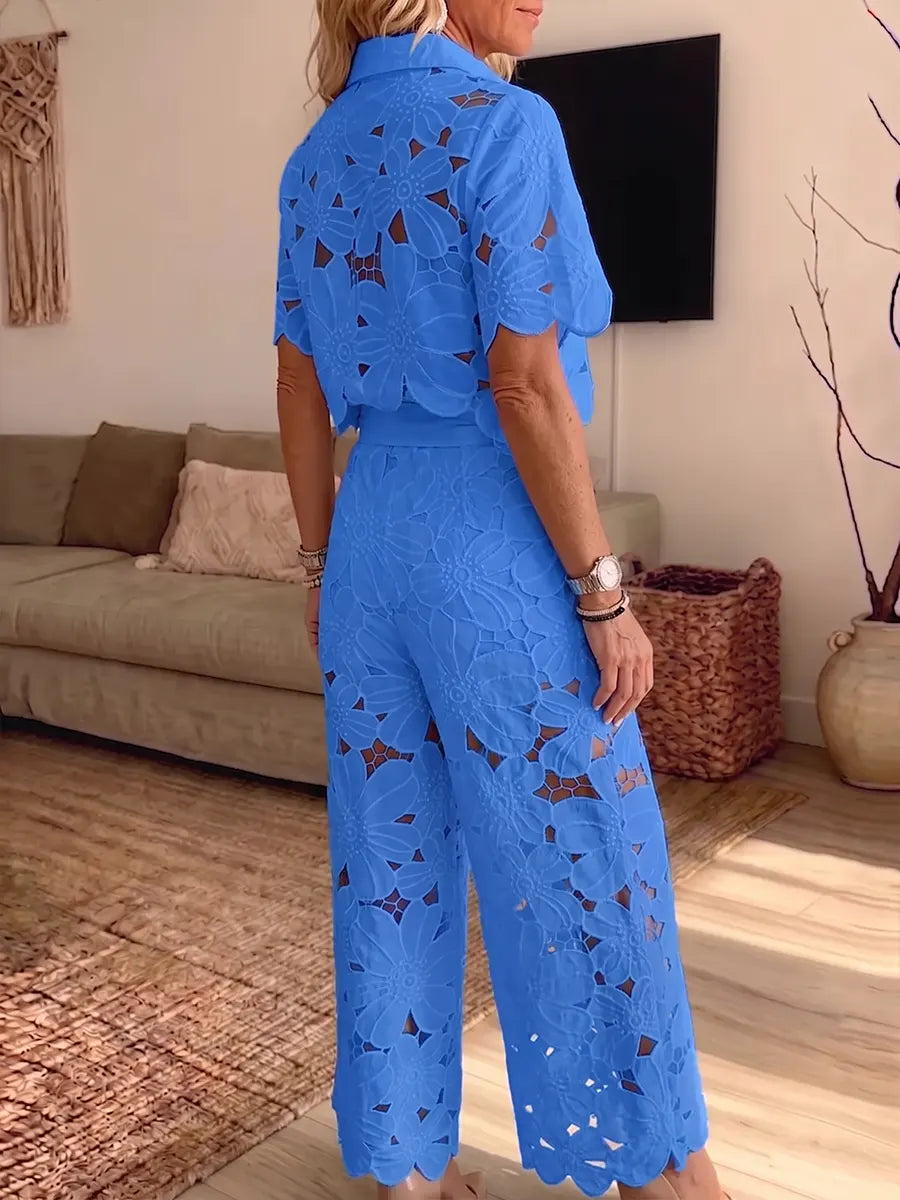 Vintage Elegant Floral Hollow-out Top And Wide-leg Pants Two-piece Set