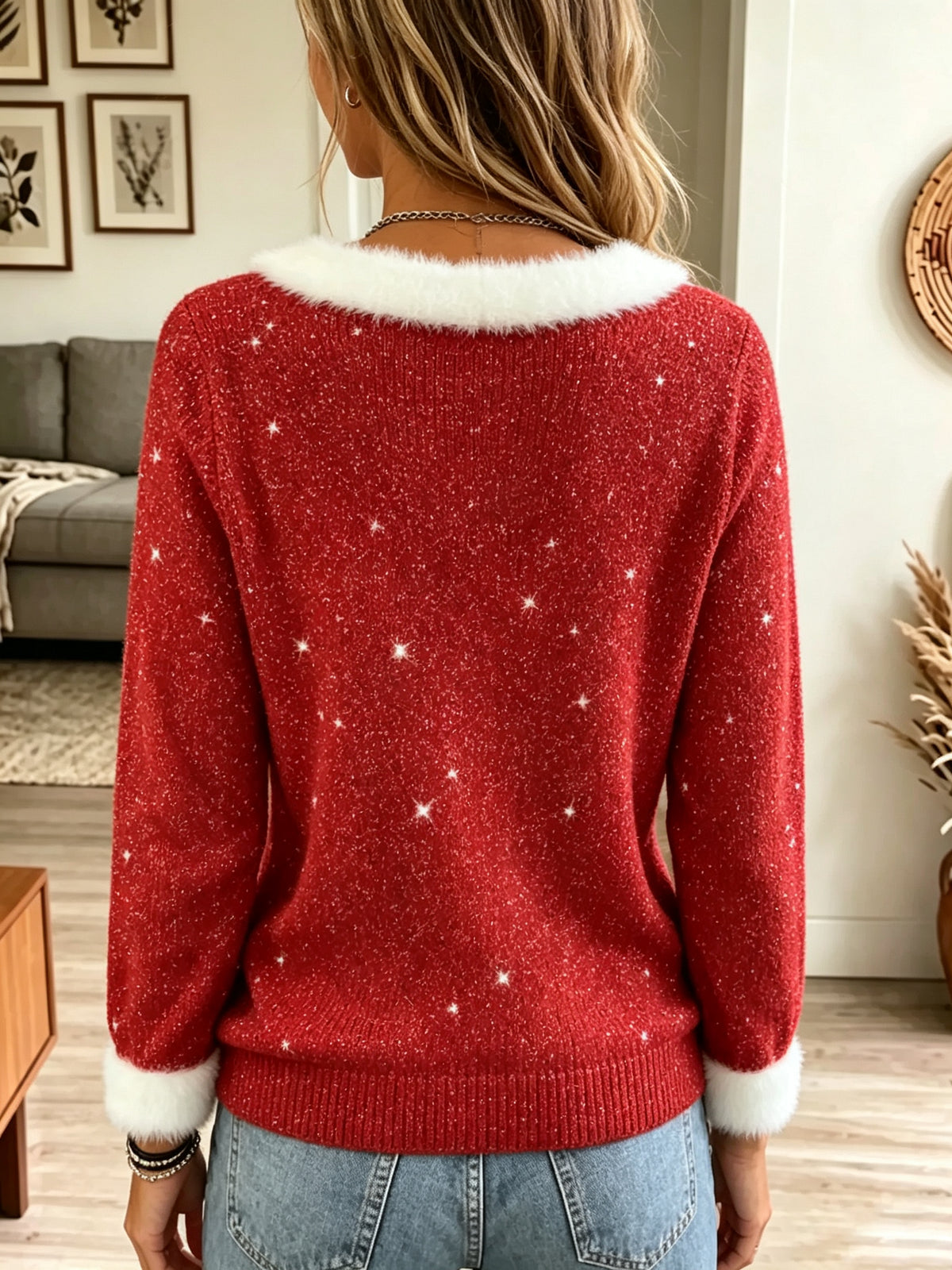 Women's Faux Fur Trim Glitter Knit Holiday Sweater