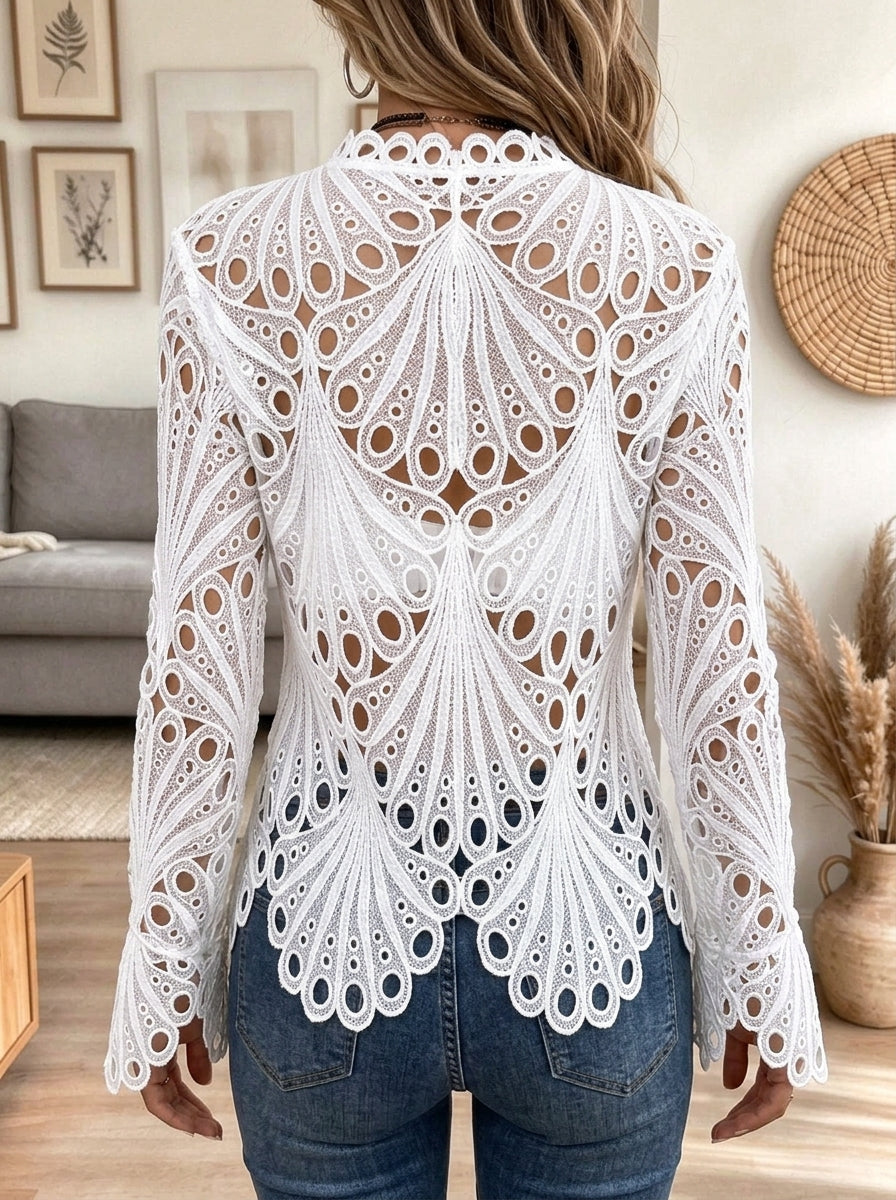 Women's Elegant Hollow Out Lace Long Sleeve Button Front Vintage Blouse Tops
