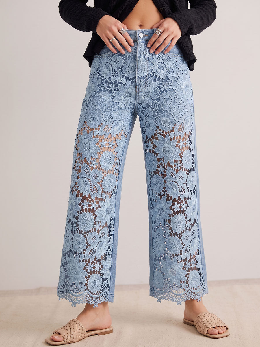 Vintage Elegant Openwork Lace Patchwork Jeans