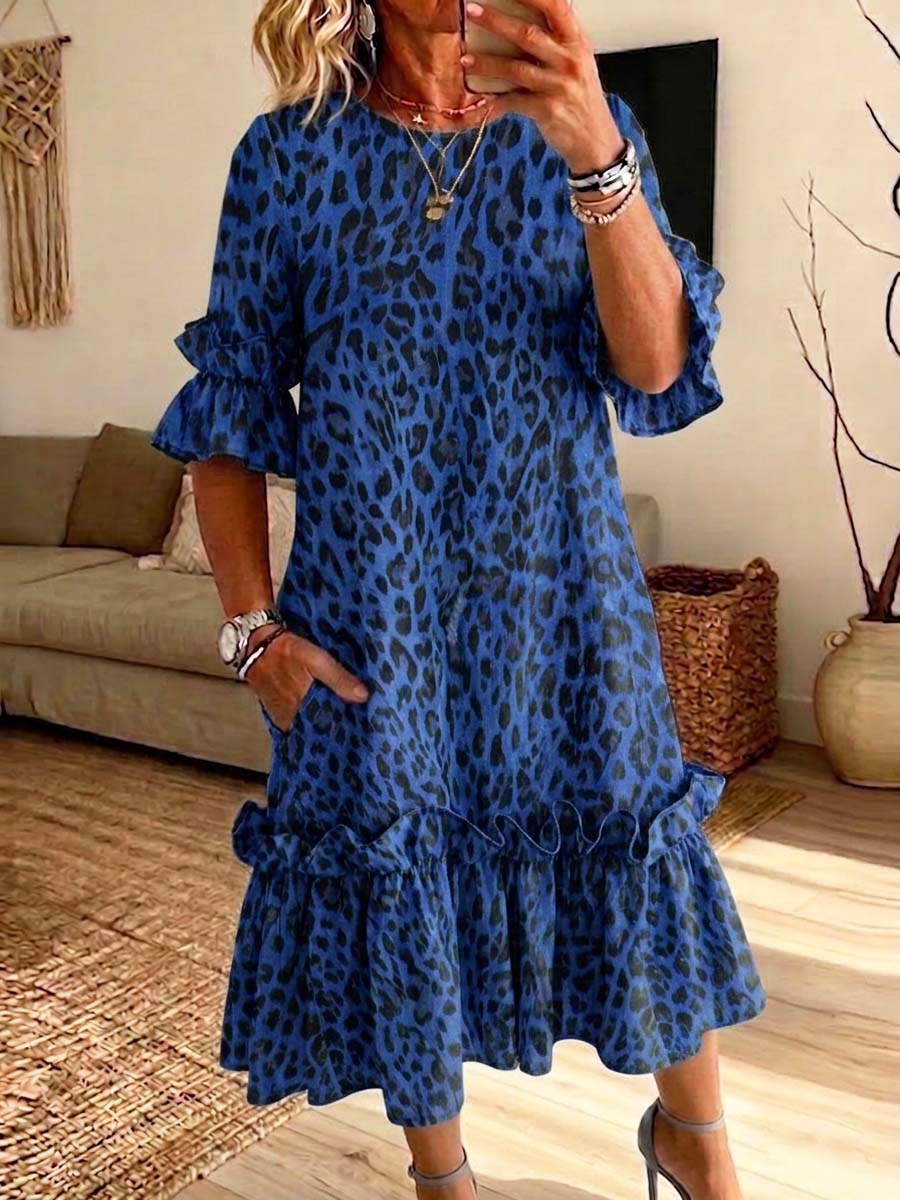 Retro Leopard Pattern Art Print Casual Ruffle Stylish Cotton Linen Dress