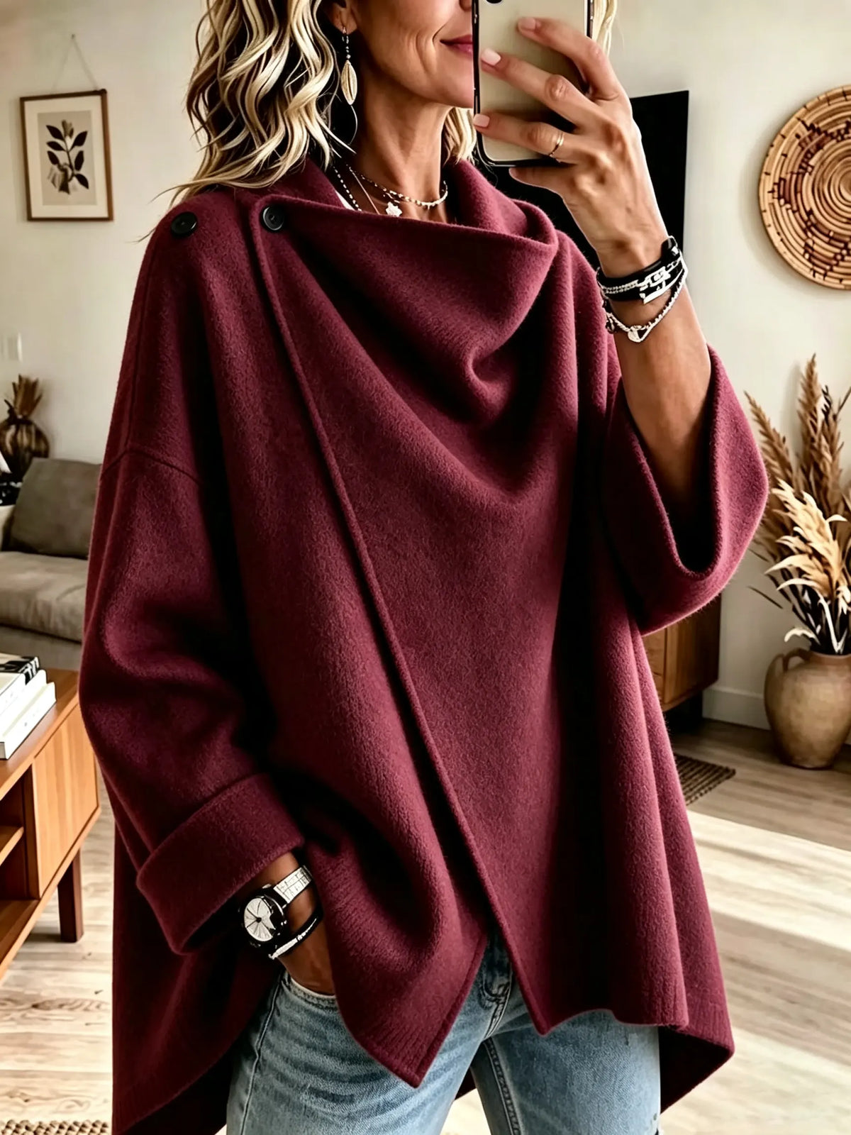Women's Asymmetrical Button Wrap Collar Poncho Sweater