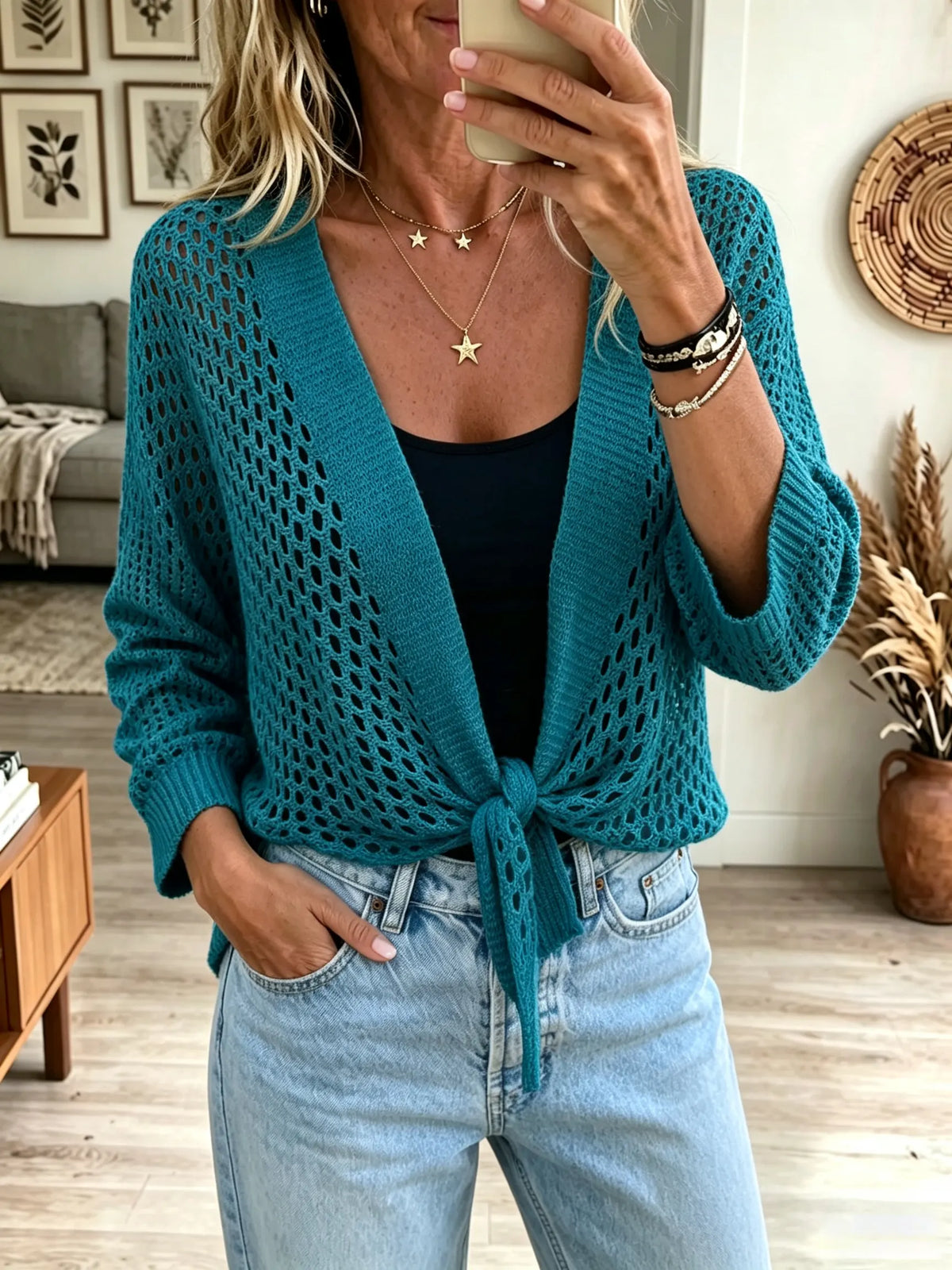 Women's Open-Knit Tie-Front Cardigan Shrug