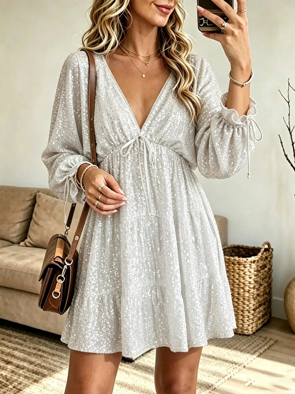 Women's Sequin Tie-Front Tiered Babydoll Mini Dress