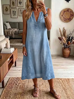 Women Washed Denim V-neck Sleeveless Midi Dress