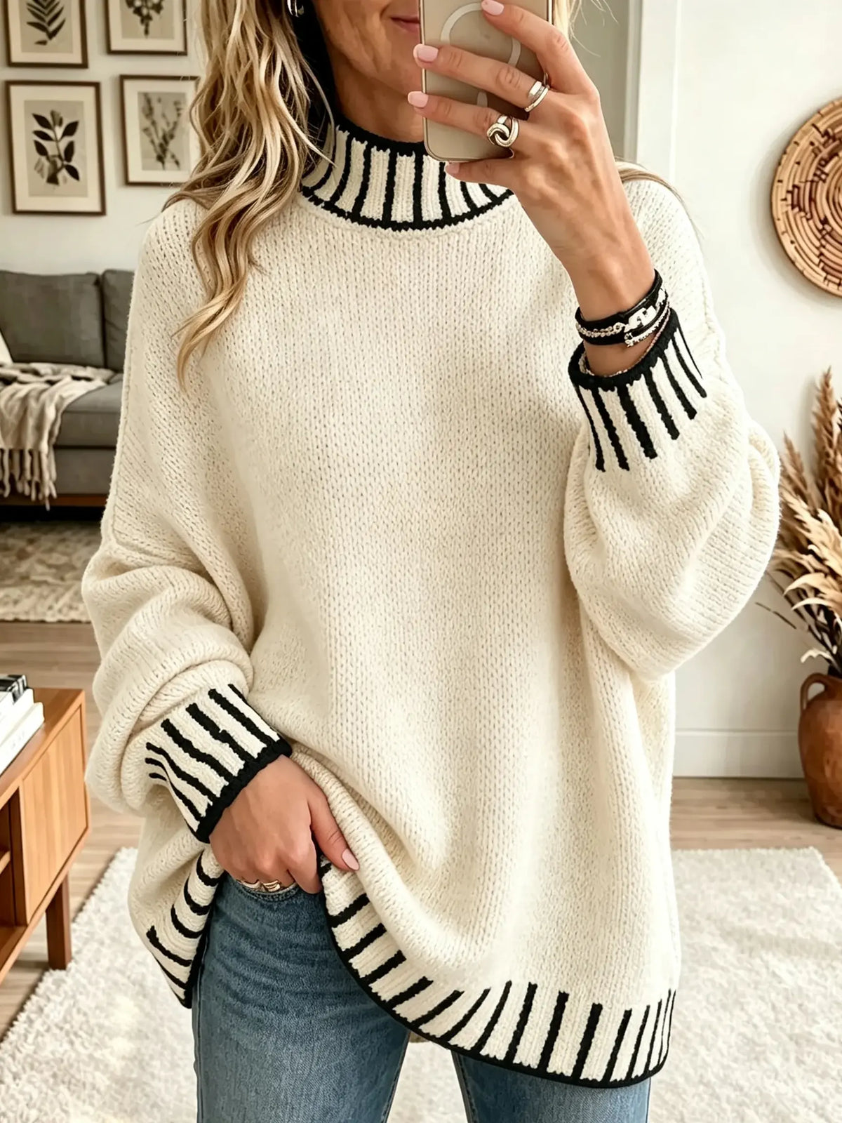 Women's Striped Trim Mock Neck Sweater