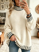 Women's Striped Trim Mock Neck Sweater