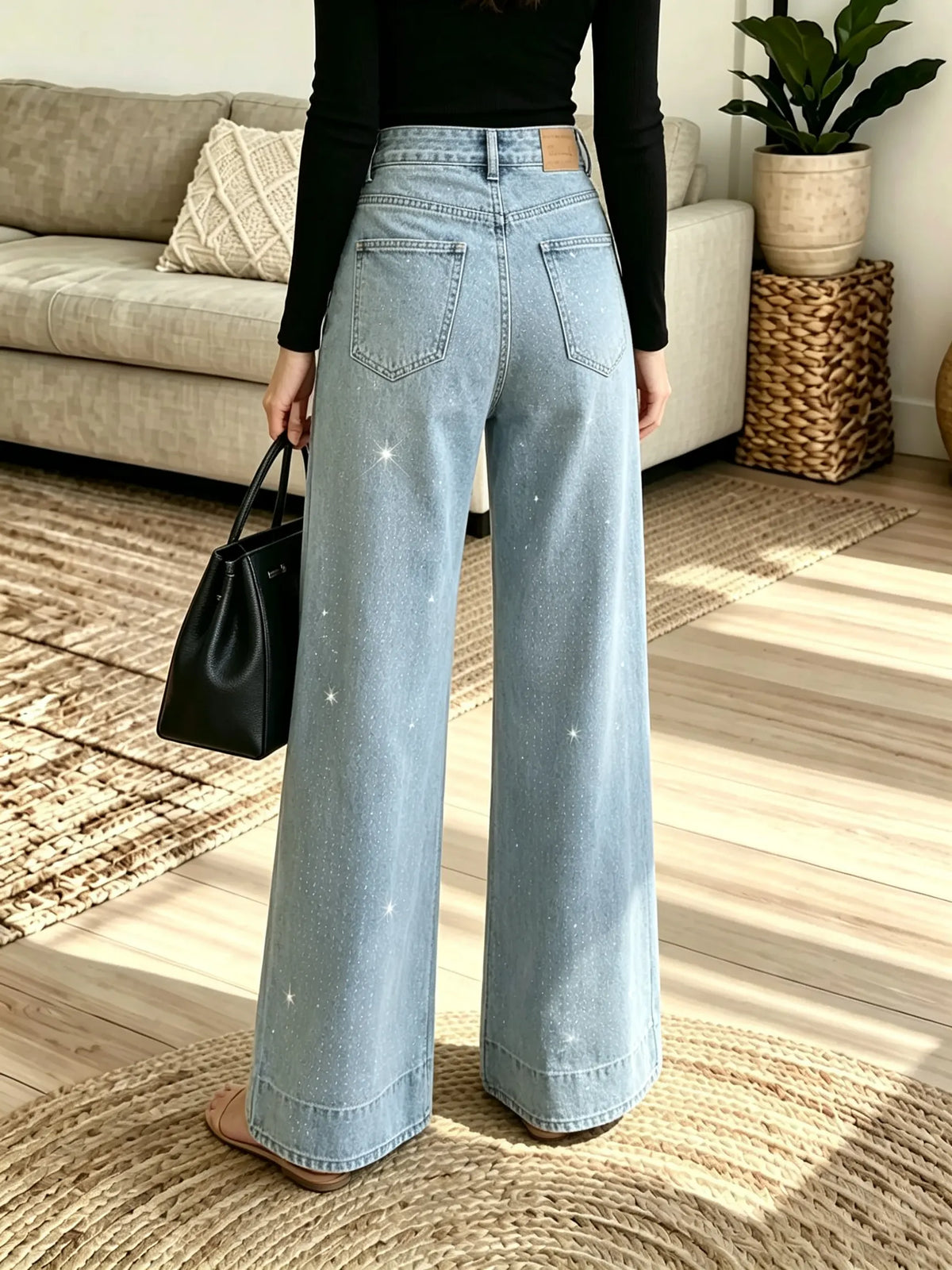 Women's Rhinestone Embellished Wide-Leg Jeans