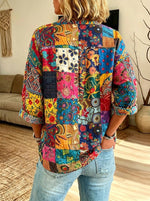 Women’s Colorful Boho Patchwork Floral Print Ruffle Collar Loose Button Down Blouse