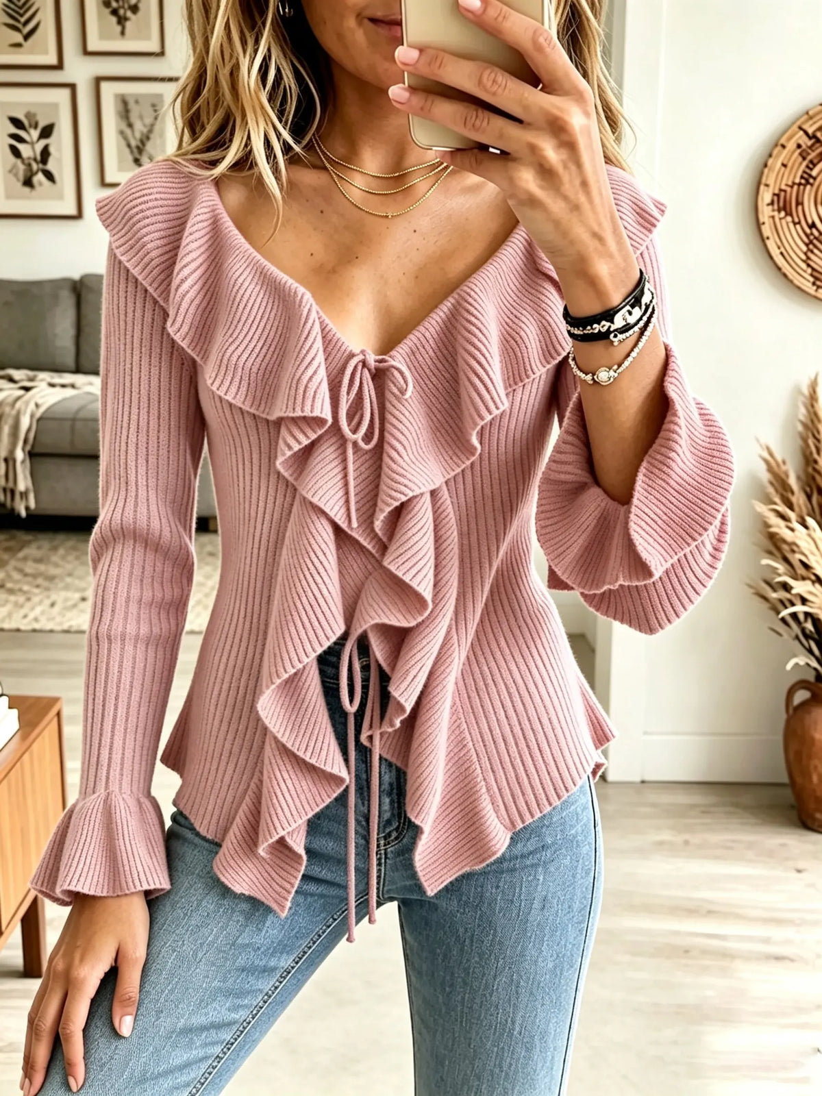 Women's Ruffled Tie-Front Ribbed Knit Cardigan
