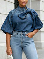 Retro Elegant Bow Gradient Color Art Casual Stylish Short Sleeve Denim Shirt