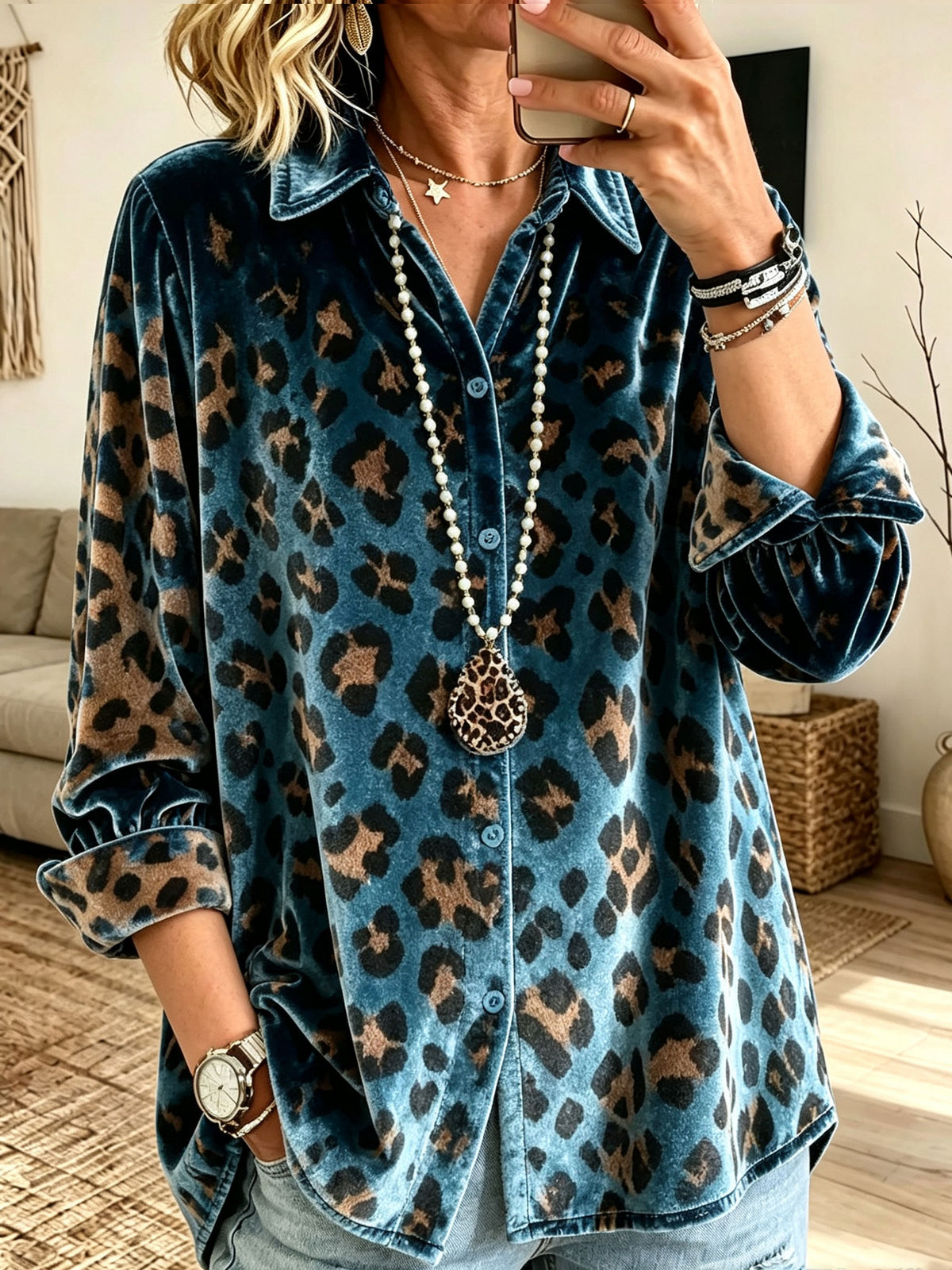 Women Leopard Print Velvet Button‑Down Long Sleeve Shirt Blouse