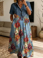 Vintage Floral Pattern Art Print Casual Stylish Lapel Denim Patchwork Dress
