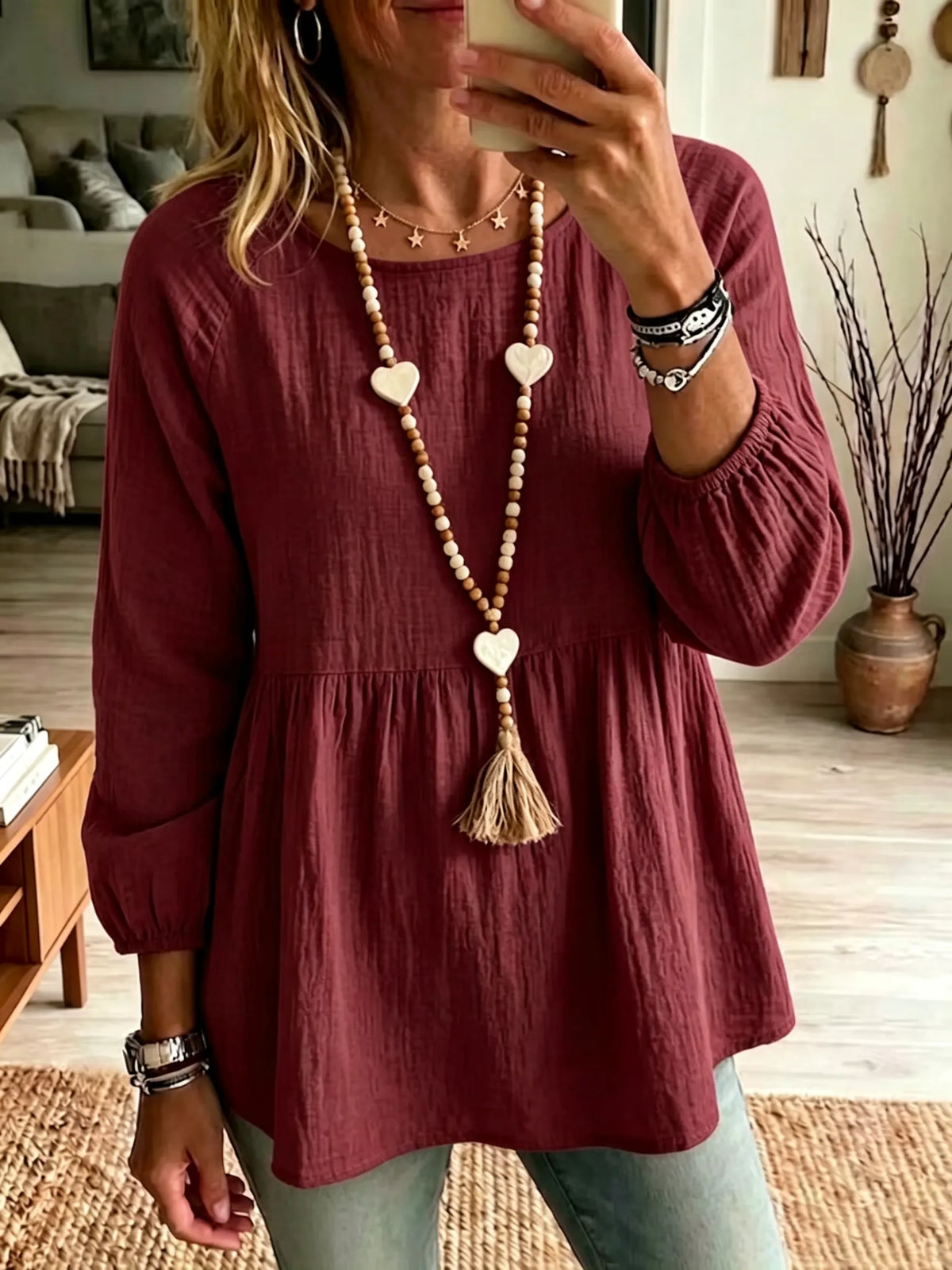 Women's Babydoll Crinkle Cotton Tunic Top