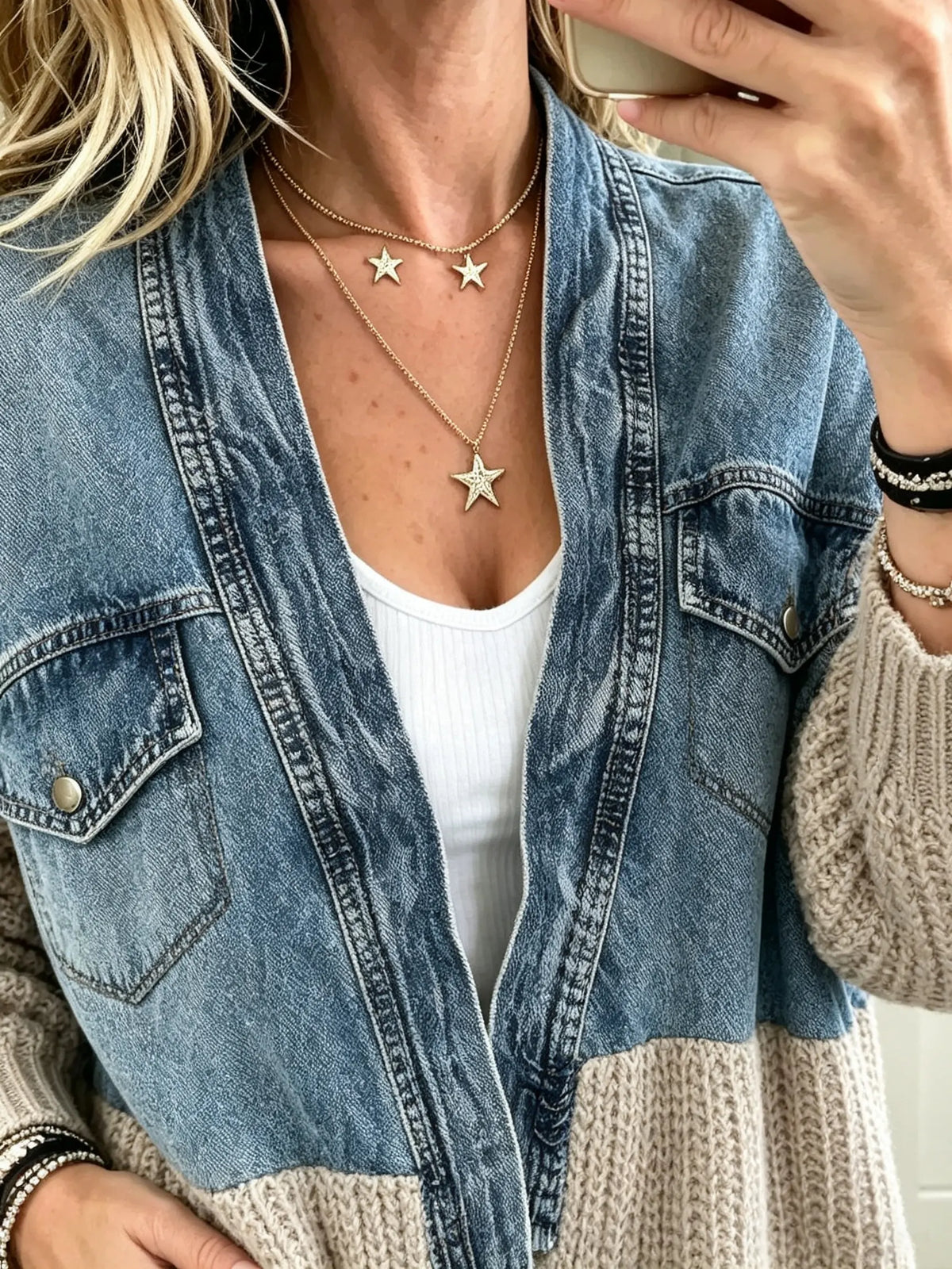 Women's Denim Patchwork Knit Cardigan