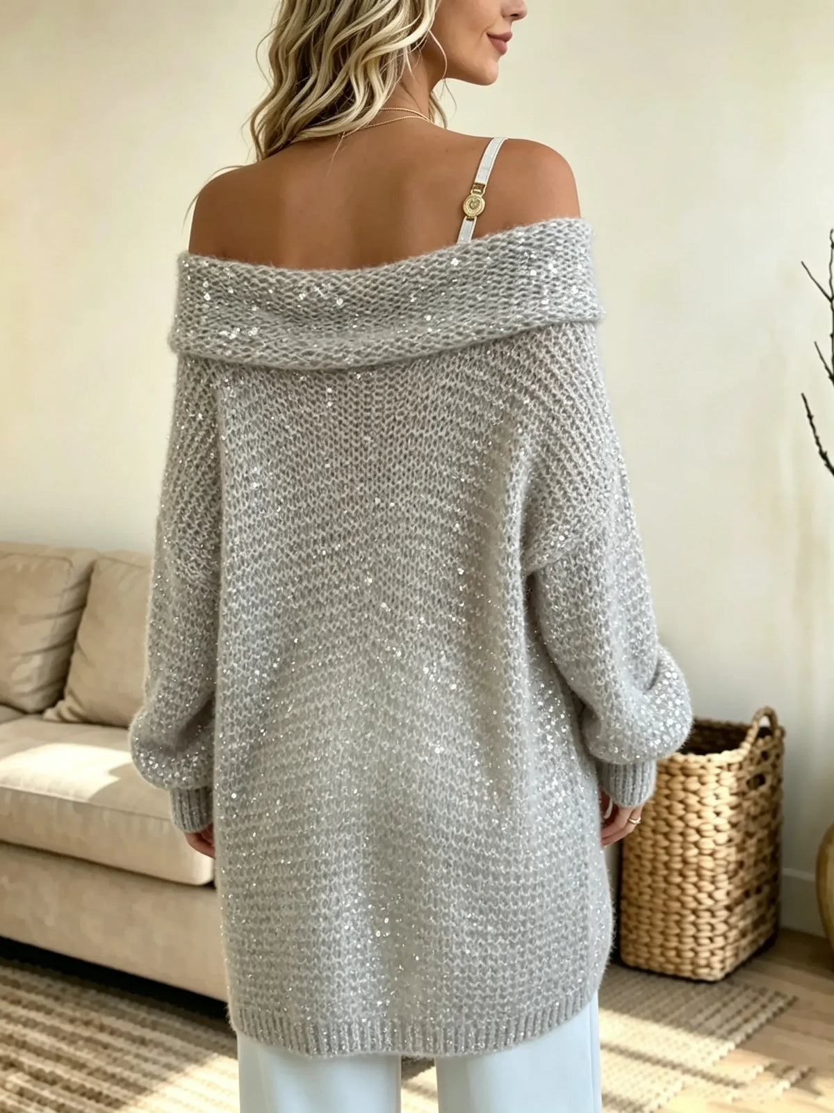 Women's Off-the-Shoulder Sequin Slouchy Sweater