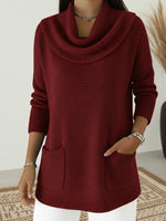 Women Cowl Neck Pockets Drop Shoulder Loose Knit Sweater