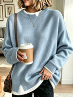 Women Light Blue Mock Two‑Piece Loose Long Sleeve Knit Sweater