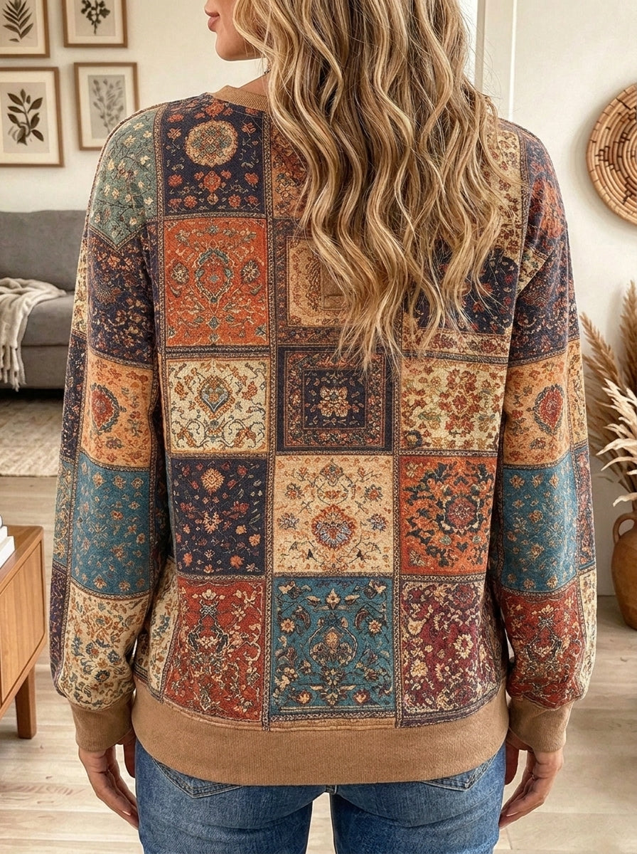 Women's Vintage Bohemian Tapestry Print Patchwork Long Sleeve Henley Sweatshirt